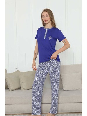 Alimer Kadın Saks Mavi 3 Düğmeli Etnik Desen Likralı Viskon Kısa Kol Pijama Takımı