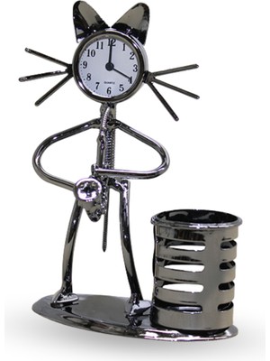 Büro Ev Ofis Hediyesi Için 17X12CM Metal Kalemlikli Saksofonlu Kedi Masa Saati