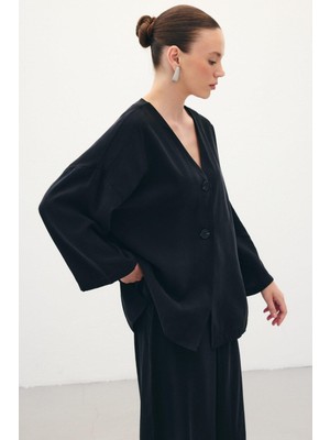 Sateen Kadın Düğmeli Kimono Kısa Kollu Bluz 1847-6040