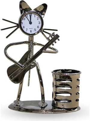 Büro Ev Ofis Hediyesi Için 17X12CM Metal Kalemlikli Gitarist Kedi Masa Saati