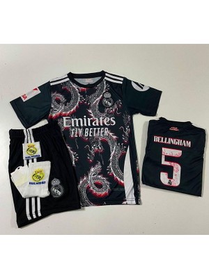 R. Madridd 2024/25 Sezon Dragon Desen Jude Bellingham Çocuk Forma 4'lü Set (Arma-Black-Red)