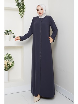 Günay Karaca Yazlık Tesettür Ferace Fermuarlı Büyük Beden Gri 2502