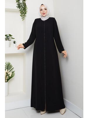 Günay Karaca Yazlık Tesettür Ferace Fermuarlı Büyük Beden Siyah 2502
