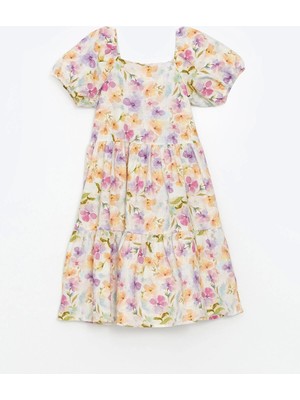 Lcw Kids Ekru Kare Yaka Çiçekli Kız Çocuk Elbise