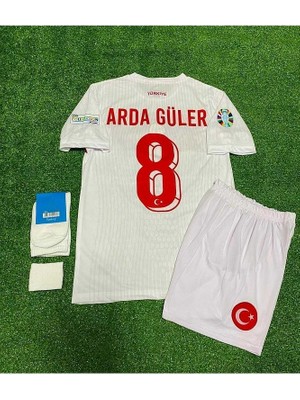Türkiye 2024 8 Numara Beyaz Çocuk Forması 4'lü Set (Euro 2024 Patch) Beyaz