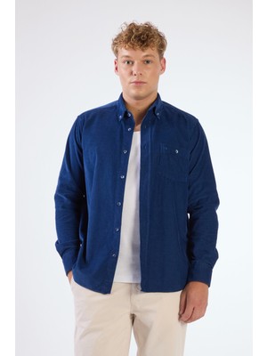 Dufy Açık Lacivert Fitilli Kadife Regular Fit Erkek Gömlek
