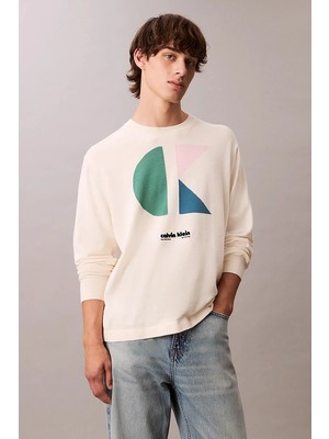 Calvin Klein Jeans Uzun Kollu Renk Bloklu Grafik Pamuklu Beyaz  Erkek Kazak LV04RC303G-YAS