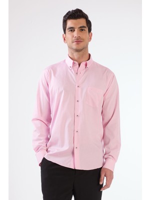 Dufy Erkek Regular Fit Uzun Kol Pembe Kareli Gömlek