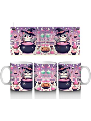 Pembe Arka Plan Üzerinde Sevimli Cadı Kız Figürlü Cadılar Bayramı Baskılı Kupa