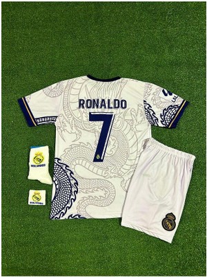Real Madrid Cristiano Ronaldo Beyaz Dragon Desenli Çocuk Forması 4'lü Set (Armalı)