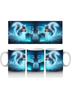 Buz Mavisi Alevlerle Yükselen Hayalet Figürlü Cadılar Bayramı Baskılı Kupa