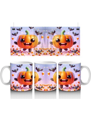 Gülen Balkabakları ve Yarasa Figürlü Renkli Cadılar Bayramı Baskılı Kupa