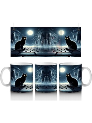 Dolunay Altında Kurbağa ve Cadı Silüeti Figürlü Cadılar Bayramı Baskılı Kupa