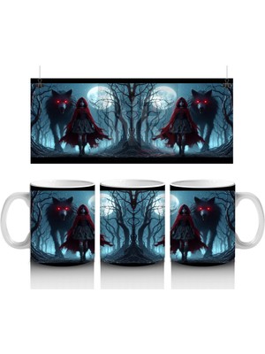 Kırmızı Pelerinli Vampir Figürlü Sisli Gece Temalı Cadılar Bayramı Baskılı Kupa