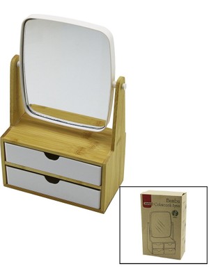 2 Çekmeceli Bambu Ahşap STANDLI=9X9.9X17.8X21.5CM Makyaj AYNASI=15X18CM Takılık 1+1 Organizer (5060)