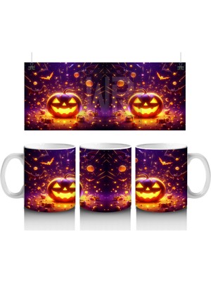 Gülümseyen Alevli Balkabakları Desenli Parlak Cadılar Bayramı Baskılı Kupa