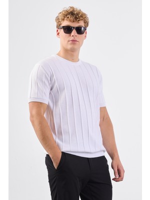 Dufy Erkek Slim Fit Bisiklet Yaka Beyaz Triko