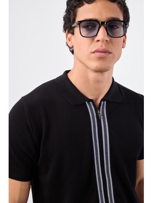 Dufy Erkek Slim Fit Fermuarlı Polo Yaka Siyah Triko