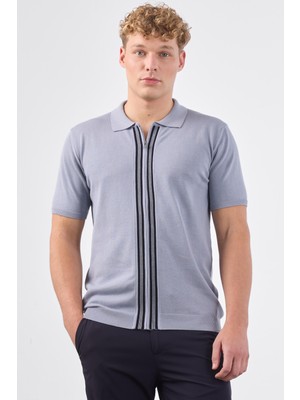 Gri Polo Fermuar Yaka Düz Kısa Kollu Slim Fit  Erkek Triko