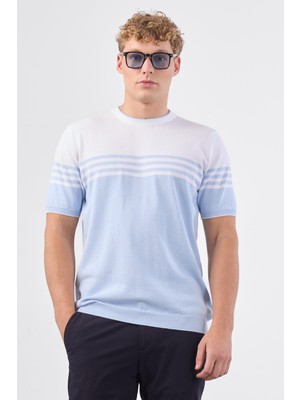 Açık Mavi Çizgili Desen Kısa Kol Slim Fit Erkek Triko