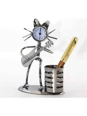 Müzik Çalan Kedi Saatli Metal Kalemlik Vintage Tarz Masaüstü Hediyelik Eşya Dekoratif Biblo Süs Özel Tasarım Müzisyen Kedi Temalı Set
