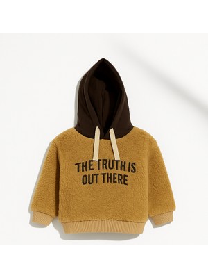 Unisex Çocuk Pamuklu Kahverengi Teddy Sweatshirt - Kapüşonlu ve Yazı Baskılı