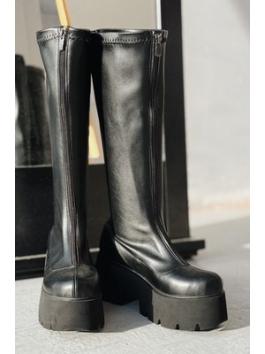 Vodsen Streç Mat Deri Siyah Kalın Taban Kadın Çizme