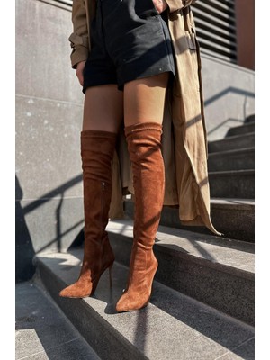 Padsev Süet Streç Diz Üstü Kadın Çizme Taba