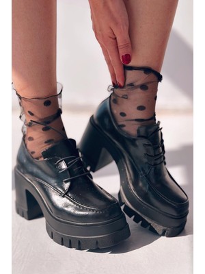 Sapetos Kalın Taban Topuklu Kadın Loafer Siyah  Mat Rugan