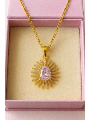 ✨ Altın Renkli Güneş Işığı Tasarımlı Taşlı Çelik Kadın Kolye ✨