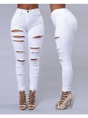 Kadın Yüksek Bel Lazer Yırtık Desenli Kot Pantolon