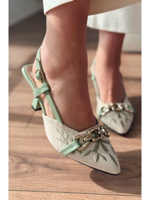 Velosia Yeşil Keten Günlük Topuklu Kadın Ayakkabı