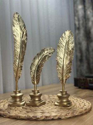 3'lü Mermerit Kuş Tüyü Gold Dekoratif Obje Seti