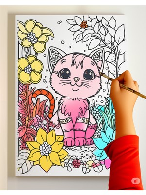 Dudu Ahşap 25 x 35 cm Resimli Tuval Çocuk Boyama Seti Kedi Resimli 6 Renk Akrilik Boya ve 2 Fırça Adet Fırça ile