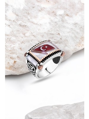 Silverplus Beyaz Mine Üzeri Bayrak Yanları Sedef Gümüş Erkek Yüzük