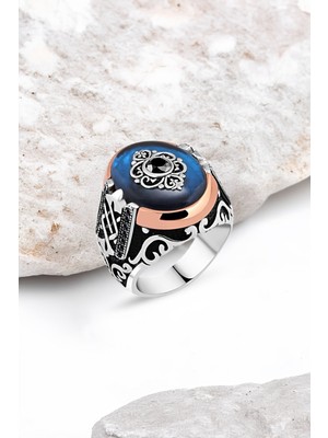 Silverplus Mavi Sentetik Kehribar Motifli Gümüş Erkek Yüzük