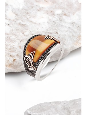 Silverplus Gümüş Özel Kesim Kaplan Gözü Taşlı Zirkon İşlemeli Erkek Yüzük