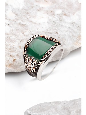 Silverplus ​Gümüş Özel Kesim Yeşil Akik Kenarı İşlemeli Erkek Yüzük