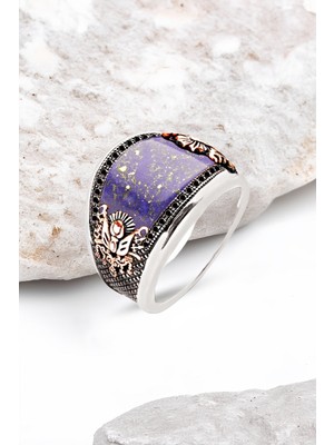 Silverplus ​​​Gümüş Özel Kesim Sıkma Lapis Osmanlı Armalı Erkek Yüzük