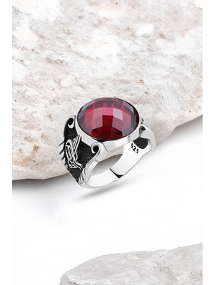 Silverplus Kesme Kırmızı Zirkon Taşlı Gümüş Erkek Yüzük