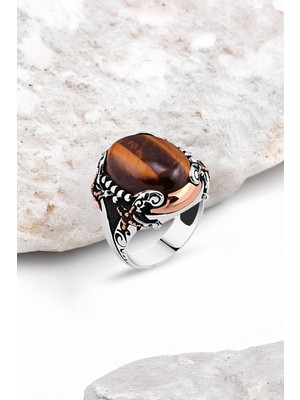 Silverplus Kapşonlu Kaplan Gözü Taşlı Kenarları Kılıçlı Gümüş Erkek Yüzük