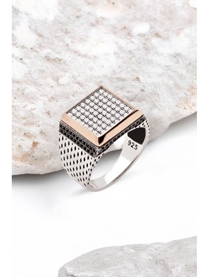 Silverplus Gümüş Beyaz Zirkon Taşlı Kare Model Erkek Yüzük