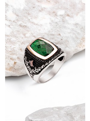 Silverplus Gümüş Fasetli Yeşil Zirkon Taşlı Yanları Osmanlı Tuğralı Erkek Yüzük