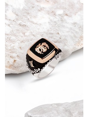 Silverplus Gümüş Onix Taşlı Selçuklu Kartalı Tuğralı Erkek Yüzük