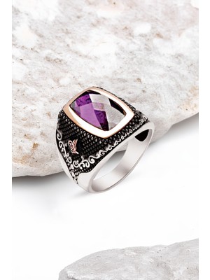 Silverplus Gümüş Fasetli Ametist Zirkon Taşlı Osmanlı Tuğralı Erkek Yüzük