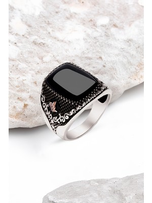 Silverplus Gümüş Onix Taşlı Yanları Tuğralı Erkek Yüzük