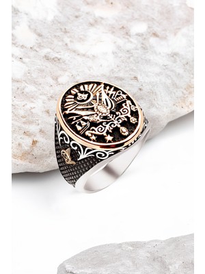 Silverplus Gümüş Osmanlı Armalı Kenarları Tuğralı Erkek Yüzük