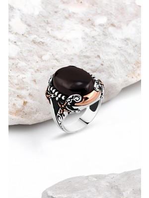 Silverplus Kapşonlu Onix Taşlı Kenarları Kılıçlı Gümüş Erkek Yüzük