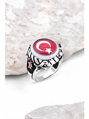 Silverplus Mineli Türk Bayrağı Kenarı Çember Taşlı Gümüş Erkek Yüzük