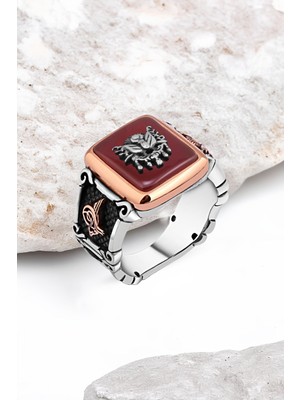 Silverplus Akik Taş Üzeri Osmanlı Devlet Armalı Gümüş Erkek Yüzük